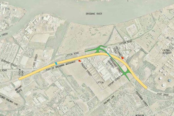 A route map showing the extension of the Port of Brisbane Motorway.
