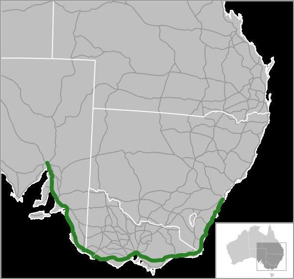 Route map of the Princes Highway in New South Wales, Australia.