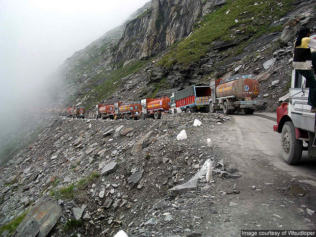 Supplies being carried on the Manali-Leh highway via the Rohtang Pass.