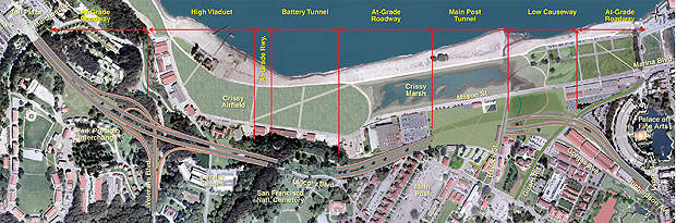 The Doyle Drive replacement is a six-lane parkway with a southbound auxiliary lane through the Presidio Trust to Richardson Avenue / Lombard Street.