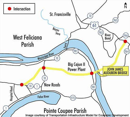 Map showing the route of the bridge in yellow.