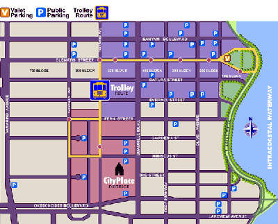 Areas of operation for the new system in WPB (parking garages shown).