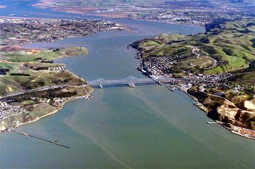 The Carquinez Strait prior to the new bridge; refurbishment was required to meet traffic safety standards.