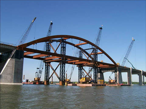 Construction of the Lewisville Lake Toll Bridge.