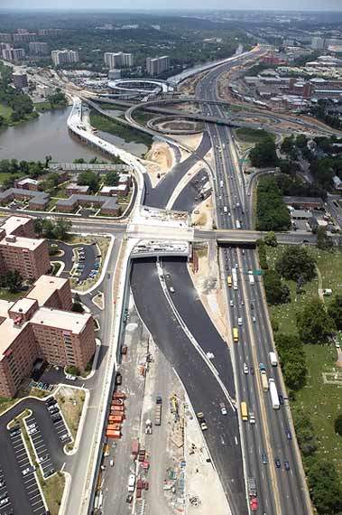 The new road intersections leading to the bridge.