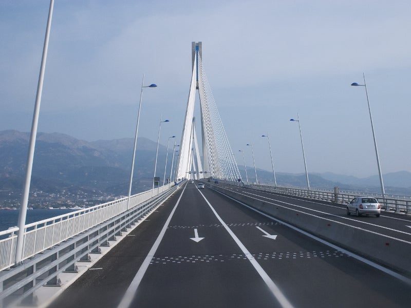 The Rion-Antirion cable-stayed bridge in Greece is one of the world's longest cable-stayed bridges with a suspended deck of 2,883m over four pylons. Image courtesy of Randy Peters.